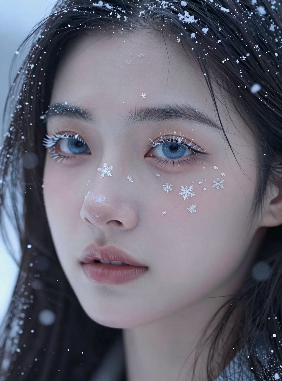 woman standing in falling snow